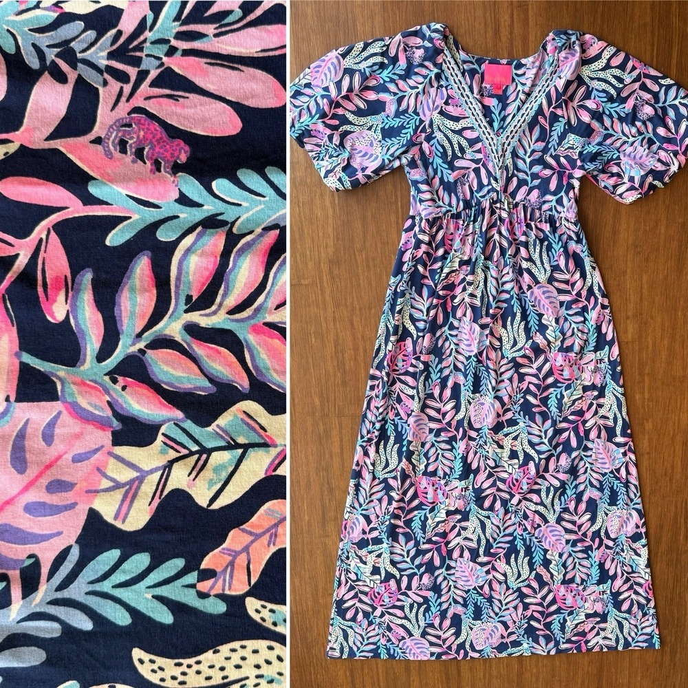 Lilly Pulitzer Manuela Maxi Dress Long Large YOU'VE BEEN SPOTTED Oyster Bay Navy